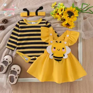 Newborn Baby Girl Bee Costume Outfit, 3PCS Striped Long Sleeve Romper + Ruffle Suspender Dress + Headband Set, Cute Animal Themed Baby Clothes for Daily Wear