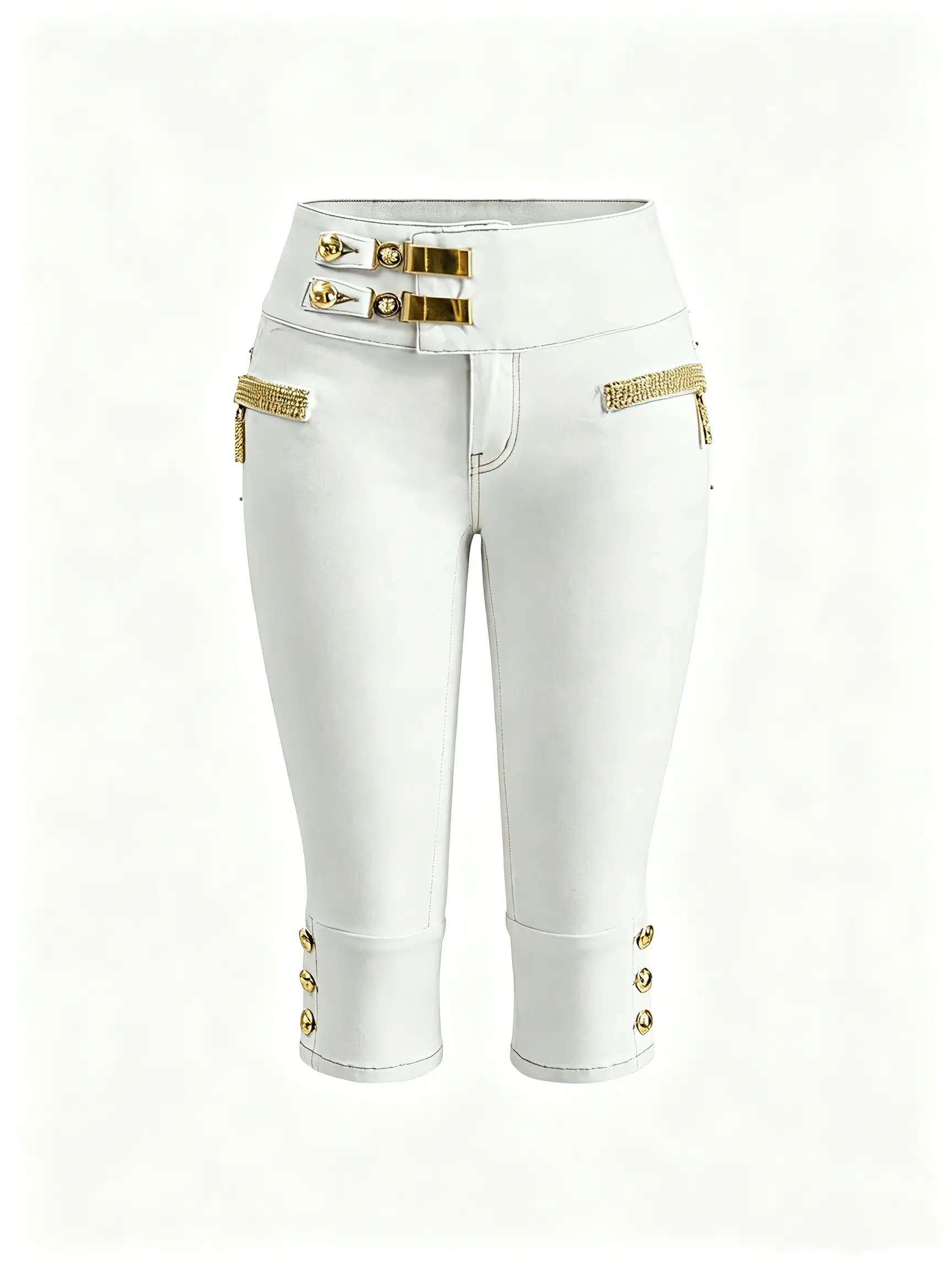 Women White Skinny Ultra‑Low Rise High Stretch Denim Capri Jeans, Double Gold Metal Buckle Waist, Rhinestone Zip Pockets, Back Metal Chain Lace‑Up, Y2K Trendy Clubwear Vacation Streetwear Regular Fit Pants