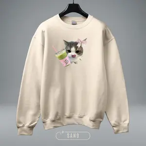Coquette Cat Sweatshirt, Matcha Latte Lover Gift, I Love You So Matcha, Cute Kitten with Bow, Soft Girl Aesthetic, Kawaii Crewneck