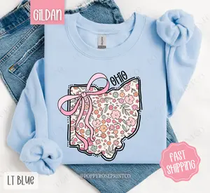 Ohio Floral Bow Gildan Sweatshirt, Cute Trendy State Coquette Pullover