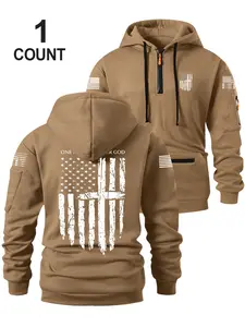 Men's Half-Zip Hoodie with Flag Print Design, Soft Warm Casual Daily Wear, Comfortable Fashionable Style for Fall & Winter, Half Zip Hooded