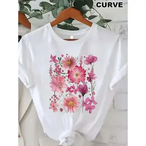 Plus Size - Women'S Plus Size Floral Print T-Shirt - Casual Short Sleeve Crew Neck, Stretchy Medium Fabric, Machine Washable, Comfort Fit for All Seasons, Vibrant Pink & White Flower Design, Everyday Comfort Apparel |   Floral Print Top |   Comfortable Fi