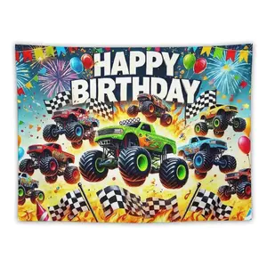 Cool Monster Truck Birthday Tapestry Golden Red Green Blue and Yellow Monster Trucks Leaping with Flame - patterned Tires Black and White Checkered Flags Flying Flames at the Bottom Energetic Birthday Party Decor