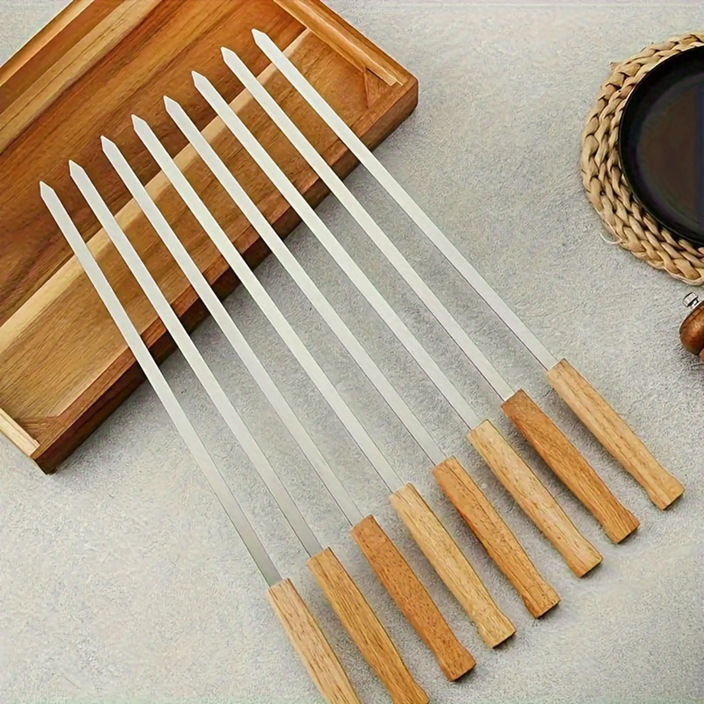 Stainless Steel Barbecue Skewer with Wooden Handle, 8 Counts/set Multifunctional Barbecue Skewer with 1 Bag, Outdoor Cooking Tool, Barbecue Utensils, Barbecue Accessories