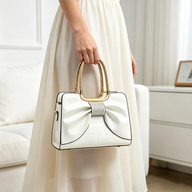 Women’s glossy leather handbag with top handle — medium-structured shoulder/handbag with adjustable strap