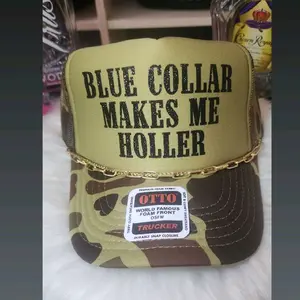 Blue Collar Makes Me Holler Trucker Hat - Fashionable Design with "BLUE COLLAR MAKES ME HOLLER" Text, Adjustable Strap, and Unique Pattern