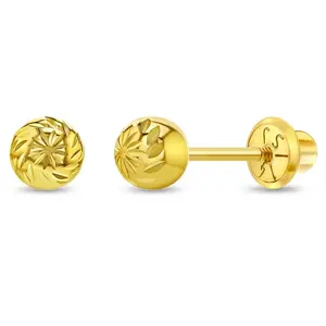 14k Gold Diamond Cut Ball Baby / Toddler / Kids Earrings Safety Screw Back