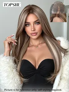 Topshe 13x6 Glueless Lace Front Wig, Brown Long Straight Hair with Blonde Highlights, Heat Resistant, Fashionable Daily Wear for Women