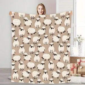 Light Gray Flannel Blanket with Cozy Cute Animal Sheep Pattern - Soft and Warm, Stylish, All-Season Use, Perfect for Napping and Home Decor, Ideal Gift for Family