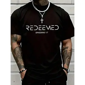 Men’s Black Christian T-Shirt, "REDEEMED" Cross & Ephesians 1:7 Scripture Graphic, Faith-Based Inspirational Tee, Soft Breathable Fabric for Church, Daily Wear & Spiritual Gifts, Ideal for Believers & Bible Study Groups