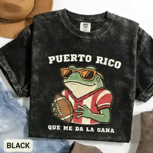 Puerto Rico Coqui Game Day Washed Cotton T-shirt | Humorous Boricua Pride Football Tee with Vintage Frog Graphic Design