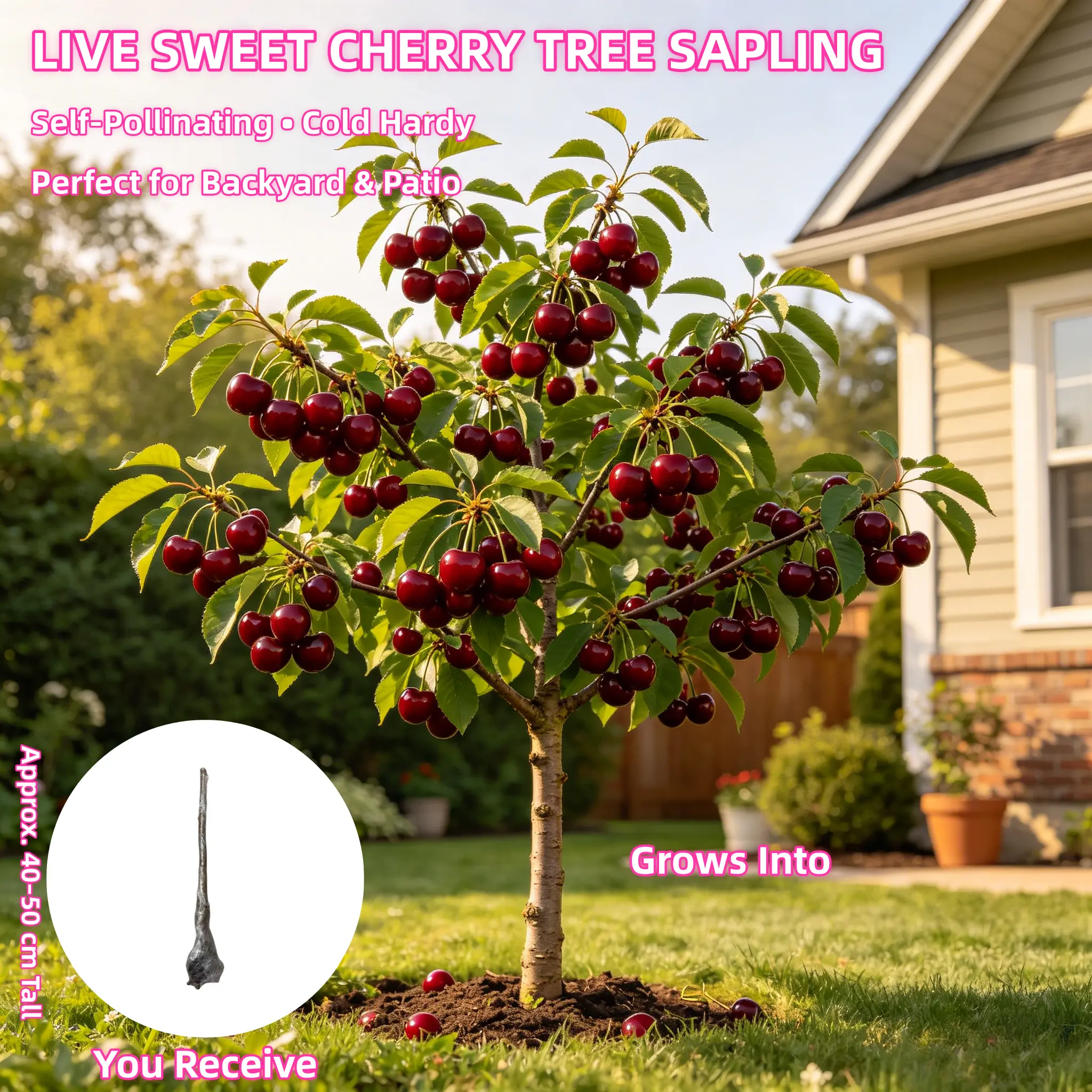 Sweet Cherry Tree Live Plant – Prunus avium Edible Fruit Tree 3-5 Year Bare Root Fast Bearing Outdoor