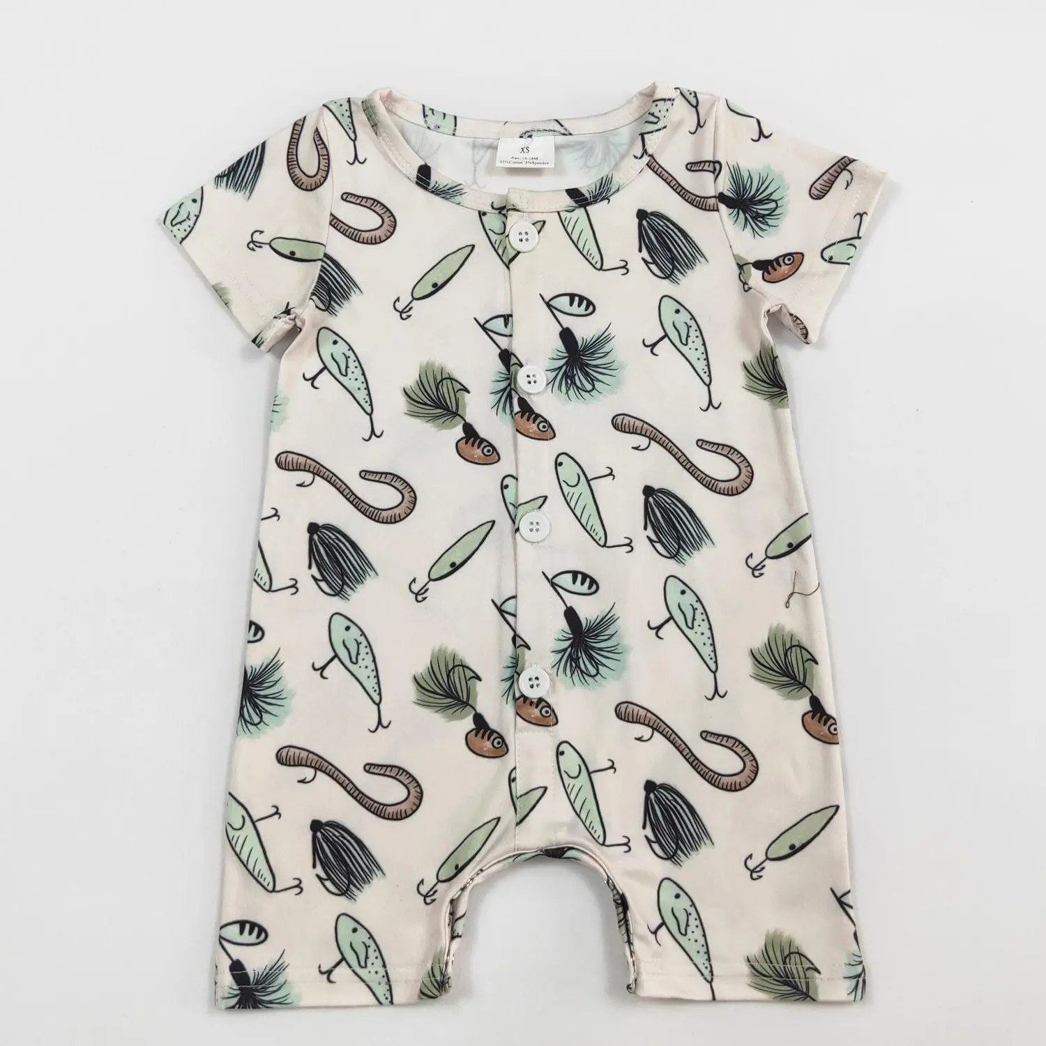 Baby Green Cute Fishing Print Onesie Bodysuit, Infant Toddler Clothes