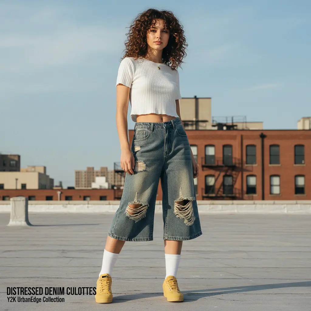 Women's UrbanEdge Ripped Denim Skort - Premium Soft Polyester Denim Fabric Bottoms, Oversized Y2K Baggy Streetwear Style, Vintage Wide Leg Distressed Shorts