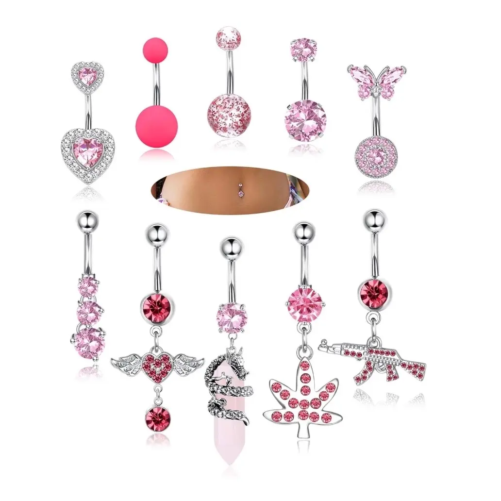 10Pcs Belly Button Rings Surgical Stainless Steel Belly Rings CZ Heart Dragon Butterfly Dangle Belly Button Rings for Women Navel Belly Barbell Piercing Jewelry contra conch