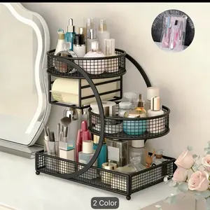1pc No-Install Metal Cosmetic Storage Rack(Free Beauty Tools Gift), Spiral 3-Tier Mesh Vanity Organizer With Tissue Holder, Space-Saving Countertop Shelf For Lipstick, Skincare, Brushes, Bottles, Perfume & Tissue