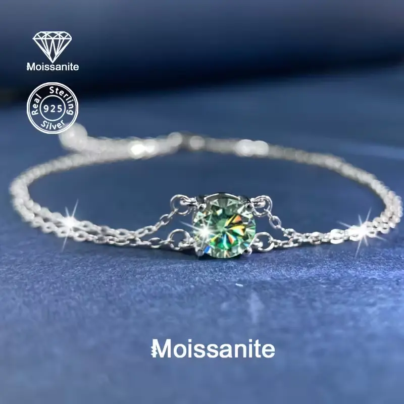 925 Sterling Silver Green Moissanite Bracelet, Double Layer Chain Design, Tarnish Resistant Fine Jewelry, Suitable for Daily Wear and Special Occasions