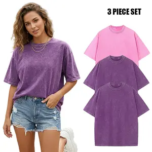 3Pcs Acid Wash Unisex Cotton Lady T-shirts Oversized Half Short Sleeves Casual Loose Solid Streetwear Tops,Lady T-shirt Baggy Retro Street T-Shirts,Loose Fit