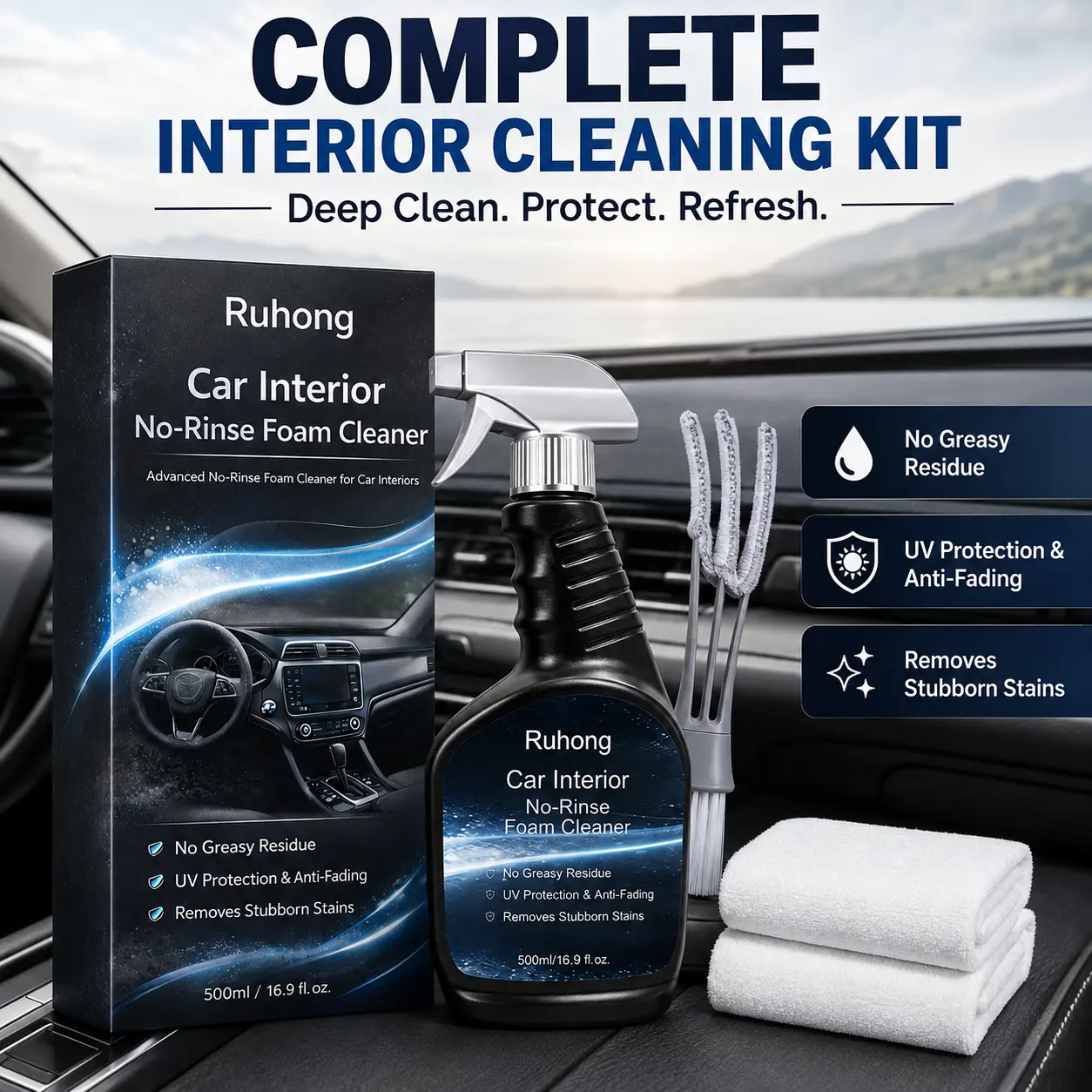 Interior Car Cleaner Spray Dashboard&Leather Detailer With Uv Protection Deep Cleaning Satin Finish Shine&Durable Protection Automotive Care 500ml Powerful Multi-Purpose Foam Cleaner For Dashboard Leather Seats&Panels Anti-Aging Uv Protection Glossy