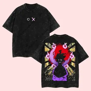 Men's Limited Edition Benimaru Shinmon Fire Force Anime Double Printed Loose-Fitting Cotton Streetwear T-Shirt, Lightweight Acid Washed Round Neck Oversized Seamless Soft Classic Casual Vintage Top for Anime Lovers
