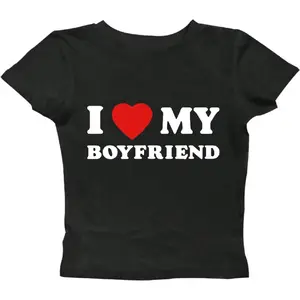 Women's Comfy Fit Y2K Streetwear Short-Sleeve "I Love My Boyfriend" Heart Cropped T-Shirt