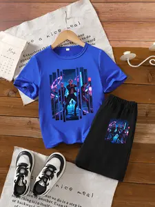 Boys Summer Short Sleeve Cyber Boy Group Print T-Shirt Shorts Set, Casual Fitted Cartoon Pattern, Ages 3-12, Kids Clothing, Kids Fashion