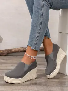 Fashion Thick Sole Wedge Slip-On Women's Shoes, Suede Texture Height Increasing Comfortable Casual Shoes, Tall and Slimming Trendy Shoes