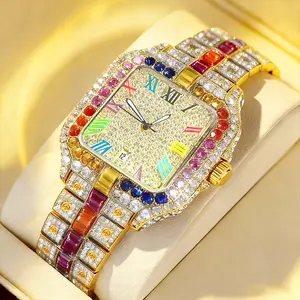 Luxury Rainbow Gem Diamond Watch, Square Color Roman Numeral Dial, Date Display, Gold Iced-Out Quartz Watch for Party & Gifting