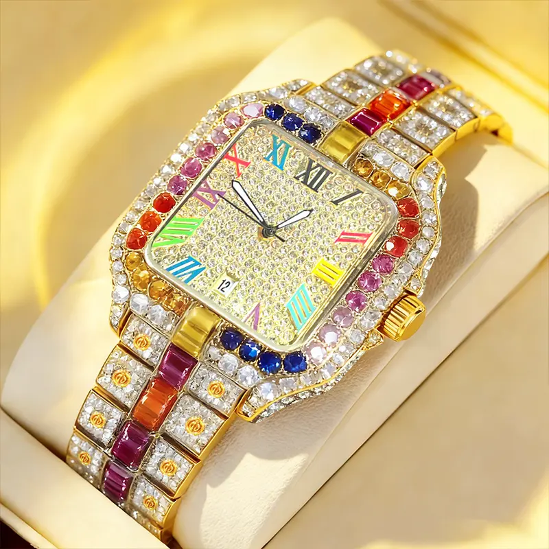 Unisex Exquisite Quartz Timepiece - Trendy Style Gold-Covered Square Face, Iced-Out with Rainbow Gemstones, Water-Resistant, Exquisite Watch, Fashionable Square Dial, Quartz Waterproof Watch, Iced-Out Gems, Luminous Fashionable Watch