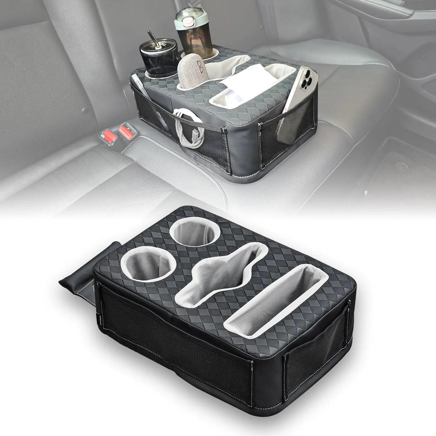Car Cup Holder, Back Seat Cup Holder for Car, Truck Bed Organizer Boat Couch Bottle Holder Tray Expander Automotive Rear Seat Storage Accessories Pu Leather Fit for Coffee Drink Food