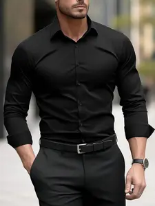 Fall outfits,Men's Fall Long Sleeve Shirt, Plain, Classic, Fitted, Simple Business Style, No Extra Decorations, Ideal for Office & Formal Meetings