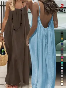 Women's Tank Top Backless Long Solid Color Loose Fit Skirt, Sleeveless Boho Casual Style, Suitable for All Seasons Summer Home Wear Dress
