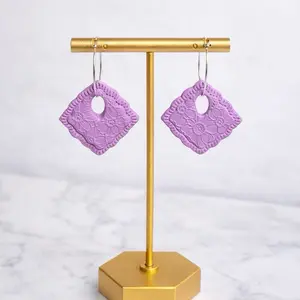 Polymer Clay Dangle Earrings, Handmade Lightweight Hypoallergenic Nickel Free Textured Flower Earrings in Purple & Cream