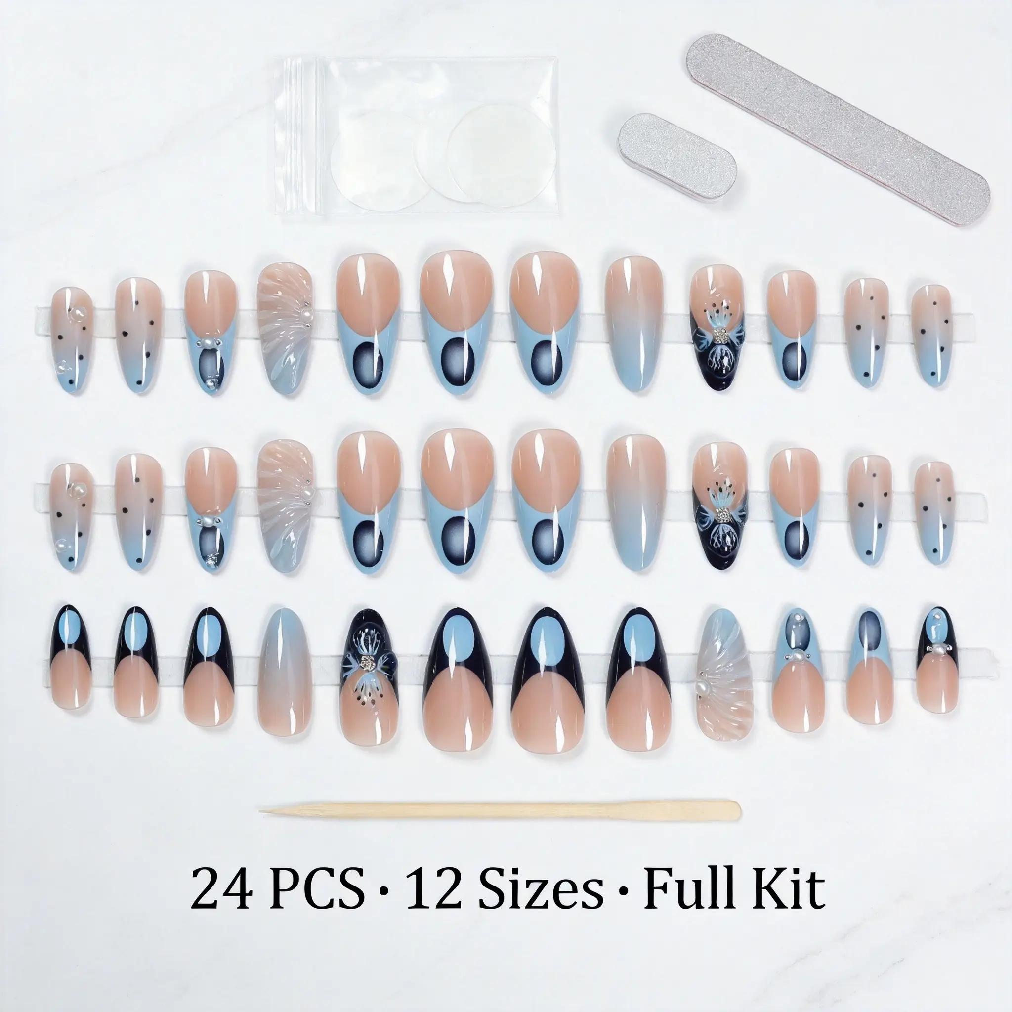 24Pcs Blue French Tip Press On Nails, Nude Ombre 3D Pearl Rhinestone Fake Nails, Glossy Almond Stick On Nails for Women