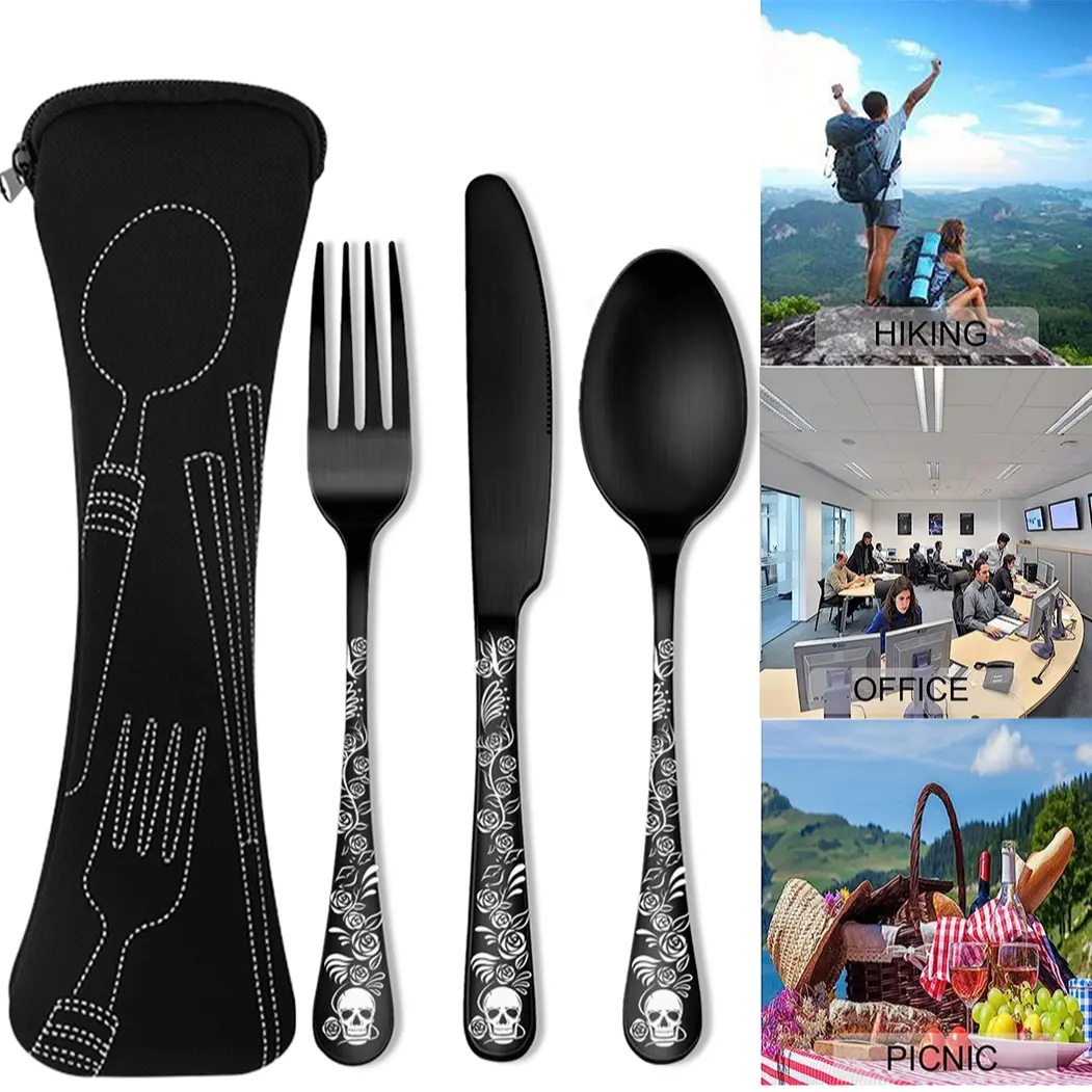 4-Piece Portable Christmas/gothic Theme Cutlery Set, Travel Cutlery Set, Cutlery Utensil Sets, Tableware Kit, Premium Stainless Steel Utensils with Storage Bag, Ideal for Camping/picnic/hiking/office/school/lunchbox Gifts
