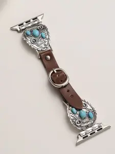 Bohemian Turquoise Apple Watch Band, Vintage Zinc Alloy Engraving, Soft Leather Strap, Adjustable Buckle, Fits All Iwatch Series