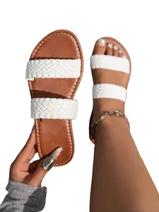 Women's Woven Texture Flat Slide Sandals, Comfortable Open-Toe Low Two-Strap Shoes, Bohemian Vacation Style for Beach Essentials