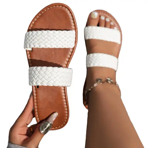 Women's Woven Texture Flat Slide Sandals, Comfortable Open-Toe Low Two-Strap Shoes, Bohemian Vacation Style for Beach Essentials, Flat Rubber Sandals, Summer Beach Sandals