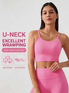 New women’s sports camisole top with integrated cups—shock-absorbing, push-up support that gathers the sides of the bust; stylish back design for fitness and yoga.