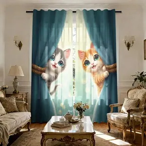 Cat Hide-And-Seek Semi-Sheer Curtain, Rod Pocket Design, Blue Semi-Sheer, Privacy Protection, Bedroom/study/kids Room, All-Day Fun Companion