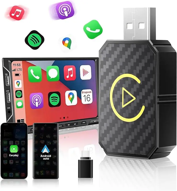 2-in-1 Car Wireless & Carplay WirelessAdapter - Plug andPlay for AA & Carplay, USBC/A, Only suitable for 98% ofcars withCarPlay from 2016 and later, Sturdy Design
