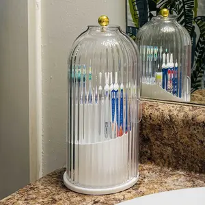 360 Rotating Toothbrush Holder with Lid, Clear Dustproof Makeup Organiser, Makeup Brush Holder for Vanity Bathroom Countertop, Transparent Brushes Container for Vanity, 1 Count