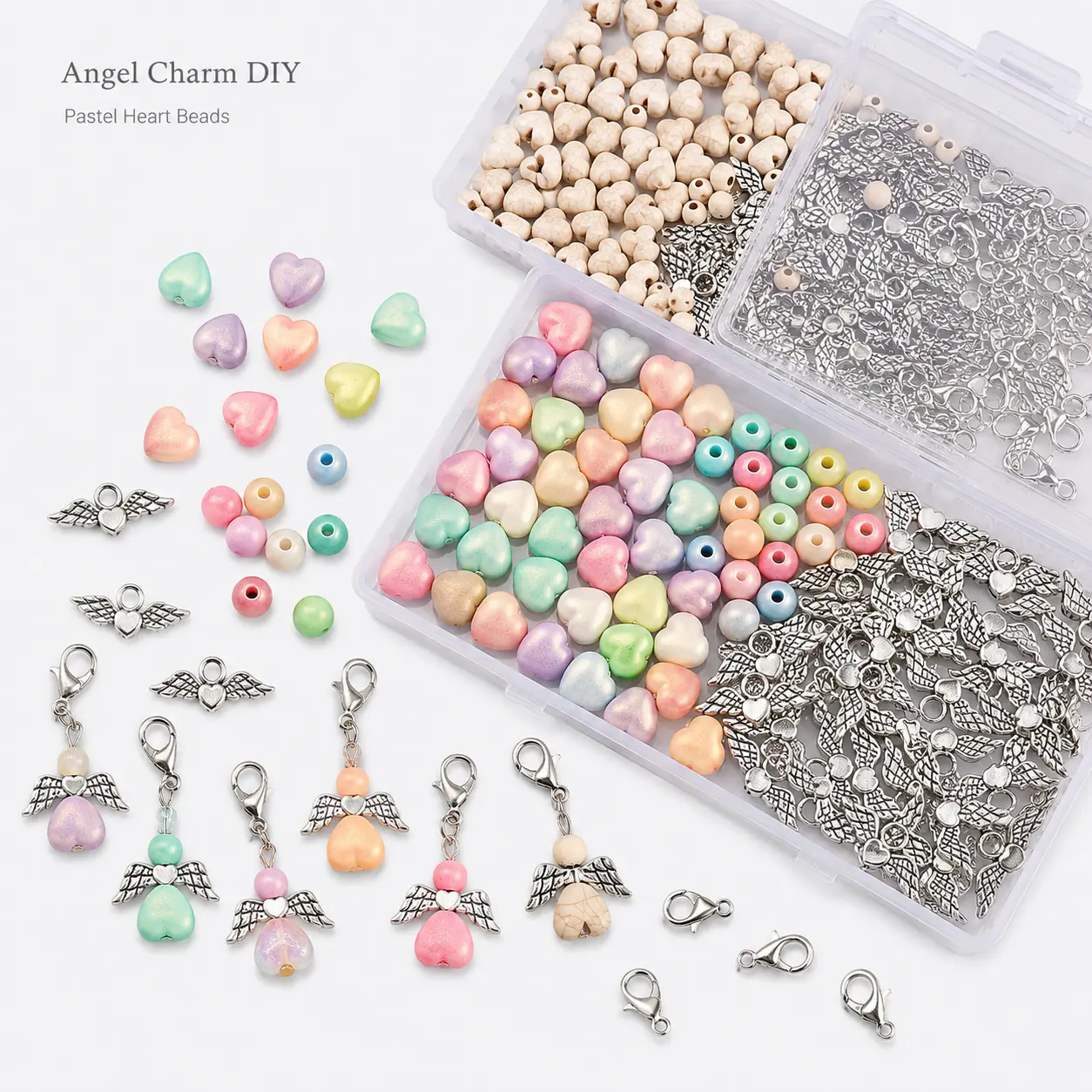 Pastel Heart Beads Jewelry Making Kit, Colorful Pearl Finish Acrylic Beads with Silver Tone Charms and Findings for DIY Bracelet Necklace Earring Crafts