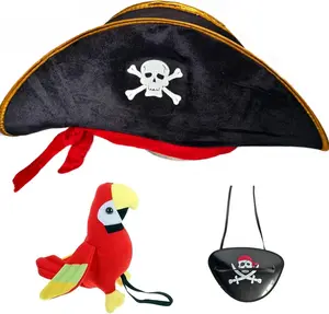 3Pcs Pirate Hat & Stuffed Shoulder Parrot & Eye Patches, Pirates Costume Accessories Skull Print Patch for Woman Men Adults Kids for Halloween School Shows and Cosplay PropsGift.