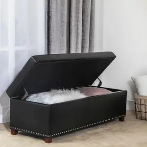 Adeco 47" Storage Ottoman Bench, Rectangle Lift Top Coffee Table with Large Storage Space, Upholstered Tufted Faux Leather Footrest Stool Toy Box for Living Room Bedroom Dorm Entryway, Rivet Black hula la