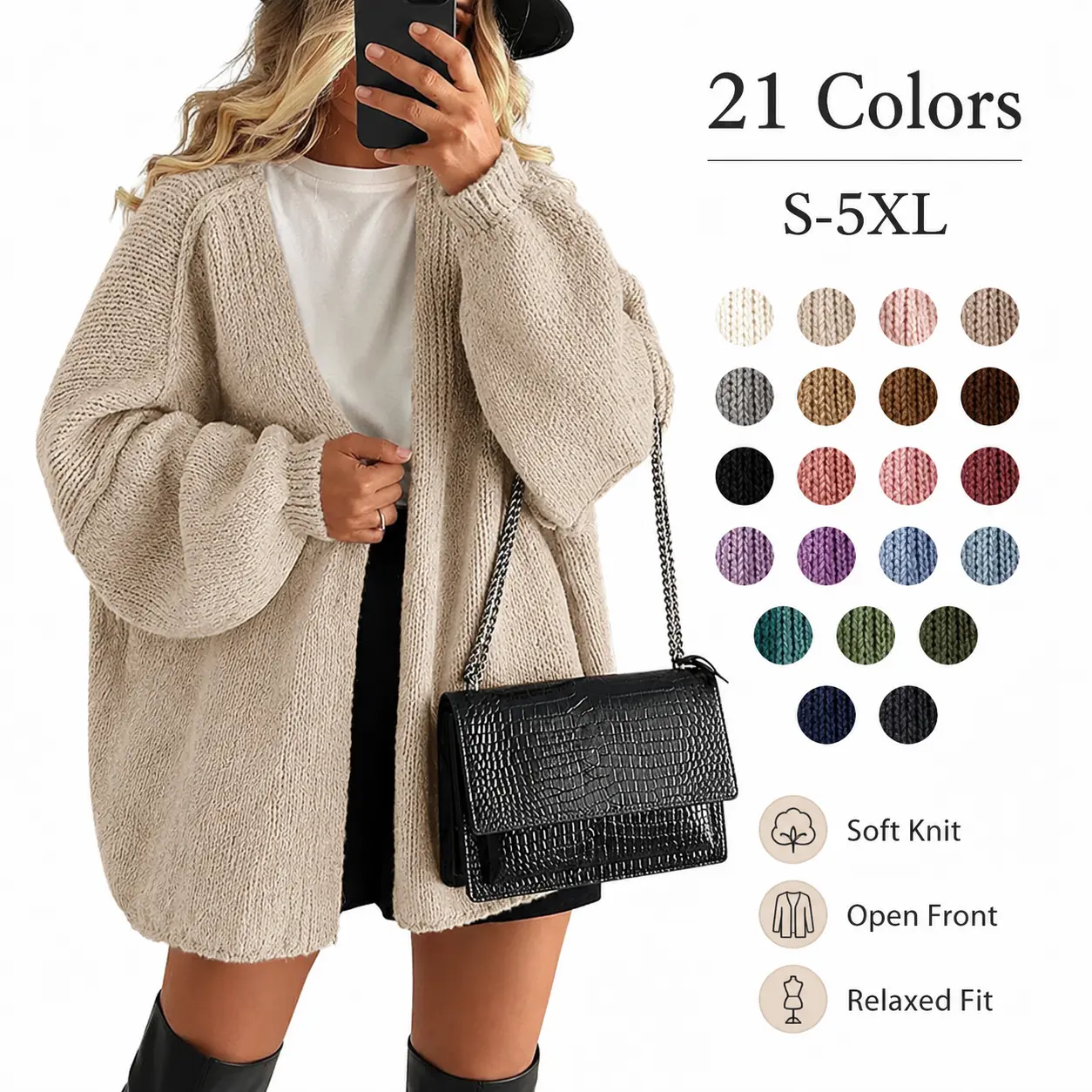 Open Front Chunky Knit Cardigan Sweater, Oversized Lantern Sleeve Loose Outerwear, 21 Colors Plus Size S-5XL