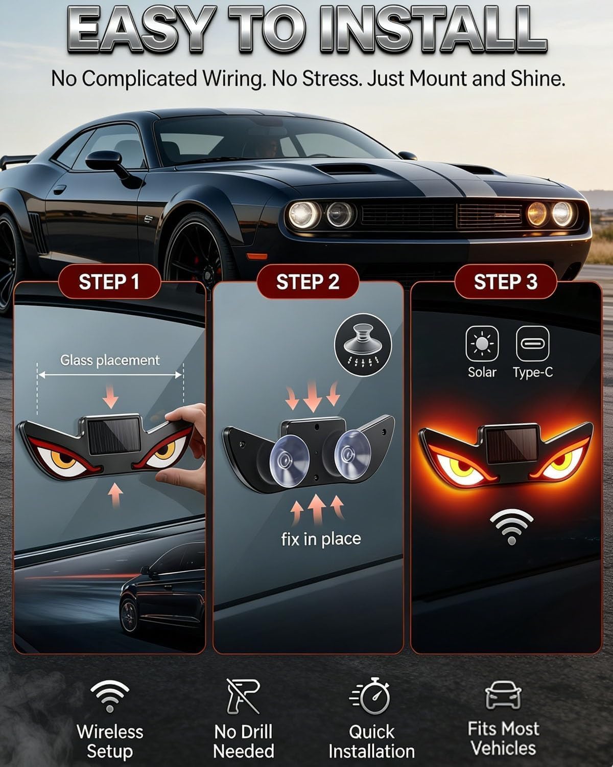 Solar Powered Devil Eyes LED Car Light, Dynamic Windshield Ambient Lamp | Vibration & Light Sensor, USB-C Rechargeable, 5 Dynamic Lighting Modes with security rgb shape heart