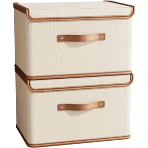 2 Pack Storage Bins with Lids, Collapsible Closet Organizer Container, Fabric Organizer Box with Handles, Decorative Storage Boxes with Lids for Organizing Clothes, Books, File, White, Large