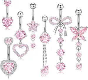 7 Pieces 14G Surgical Stainless Steel Belly Button/Navel Piercing Dangle Belly Rings, Cute CZ Heart/Butterfly/Flower Dangling Belly Piercing Jewelry for Women