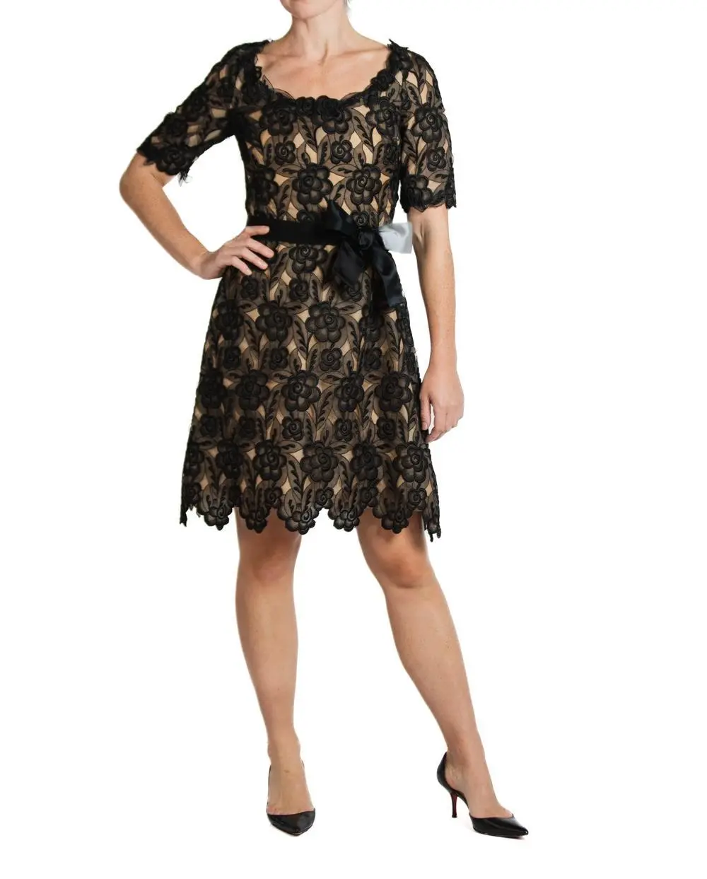 1980S ARNOLD SCAASI Black Rayon & Silk Cut-Out Lace Cocktail Dress